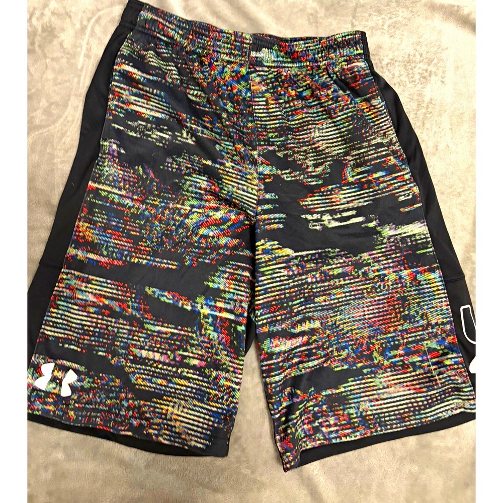Under Armour Boys Shorts Size Large YLG Black Multi HeatGear Loose Fit Logo
